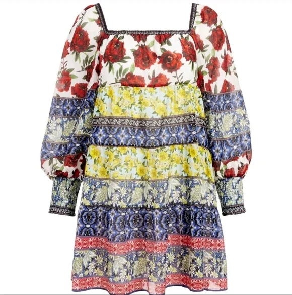 Alice + Olivia Rowen Floral Tiered Square Neck Mini Cocktail Dress Size Medium - Picture 10 of 16